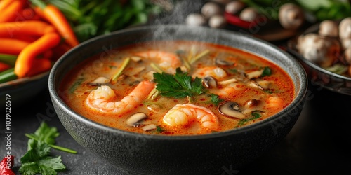 Delicious Thai Shrimp Soup with Mushrooms and Fresh Herbs in a Black Bowl, Steaming Hot, Perfect for Cozy Winter Days - Authentic Asian Cuisine and Spicy Flavor