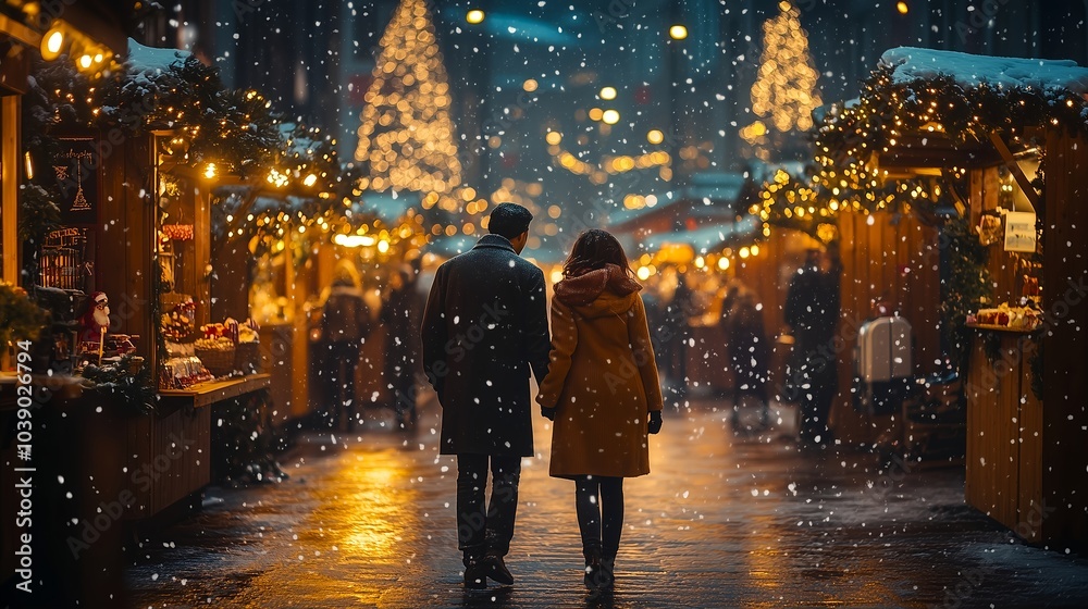 Couple walks hand in hand through a festive winter market adorned with holiday lights in the evening Couple walks hand in hand through a festive winter market adorned with holiday lights in the evening