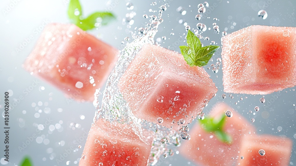 Watermelon Cubes With Mint Sprig Watermelon Cubes With Mint Sprig