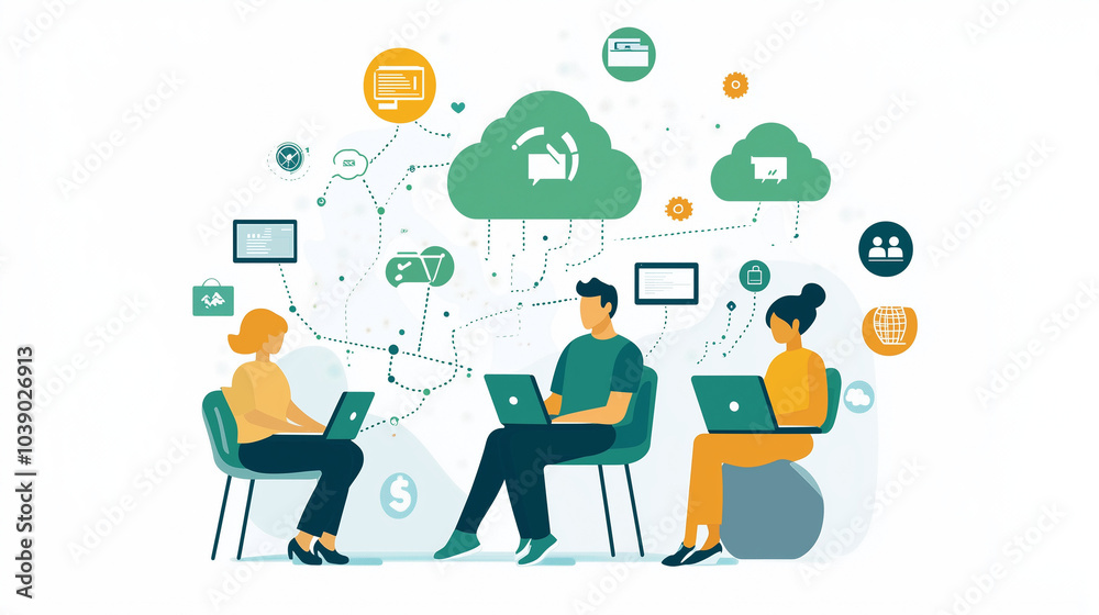 Modern illustration of professionals working remotely via cloud technology, highlighting seamless digital collaboration, virtual communication, and efficient teamwork in a business environment. Modern illustration of professionals working remotely via cloud technology, highlighting seamless digital collaboration, virtual communication, and efficient teamwork in a business environment.