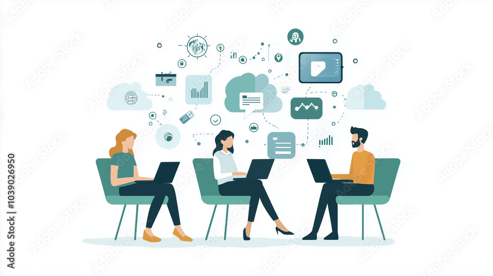 Modern illustration of professionals working remotely via cloud technology, highlighting seamless digital collaboration, virtual communication, and efficient teamwork in a business environment. Modern illustration of professionals working remotely via cloud technology, highlighting seamless digital collaboration, virtual communication, and efficient teamwork in a business environment.