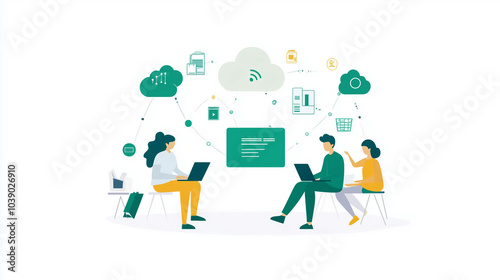 Modern illustration of professionals working remotely via cloud technology, highlighting seamless digital collaboration, virtual communication, and efficient teamwork in a business environment.