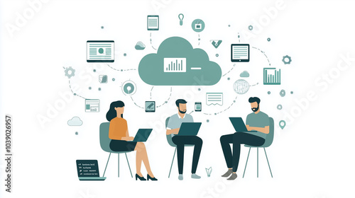 Modern illustration of professionals working remotely via cloud technology, highlighting seamless digital collaboration, virtual communication, and efficient teamwork in a business environment.