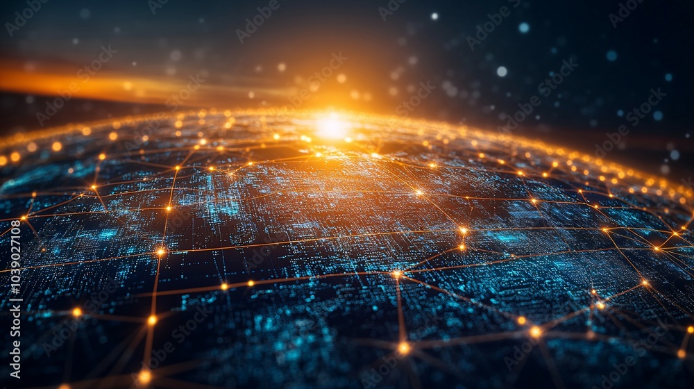 Obraz premium Abstract Digital Network Over a Globed Earth With Orange Glow