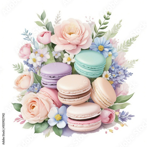 Different flavors and colors French macaroons with flowers. Watercolor illustration isolated on white background