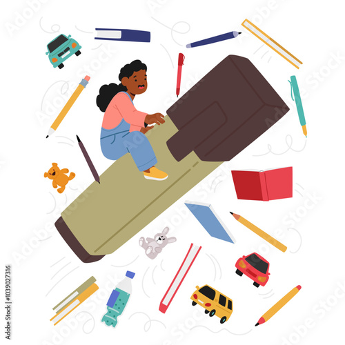 Young Girl Experiences Whimsical Ride On Huge Highlighter Among Floating School Supplies And Toys