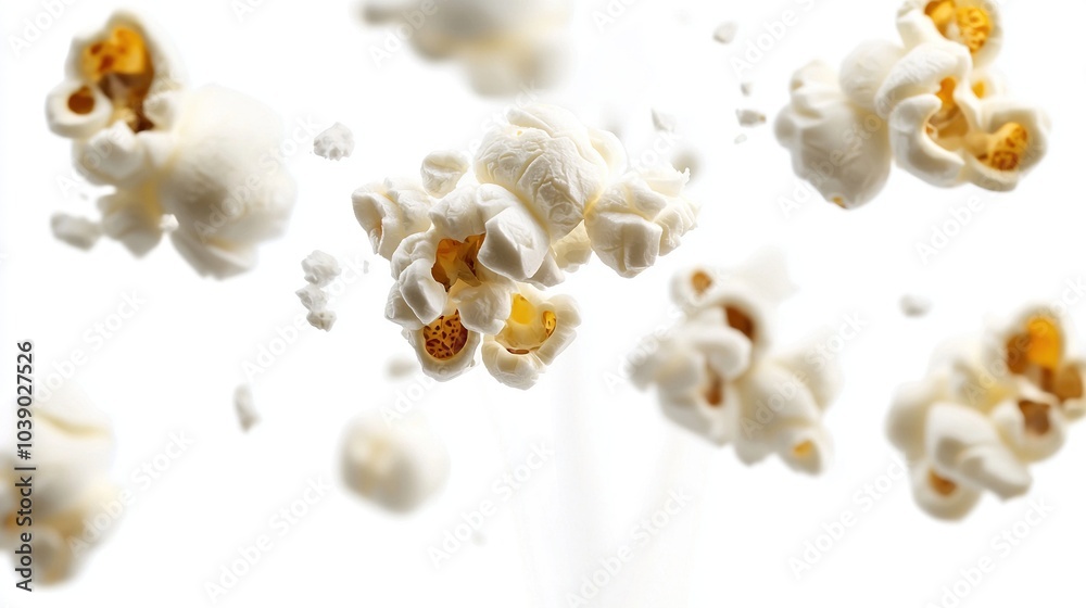 A zoomed-in image of several popcorn kernels floating and drifting in mid-air A zoomed-in image of several popcorn kernels floating and drifting in mid-air
