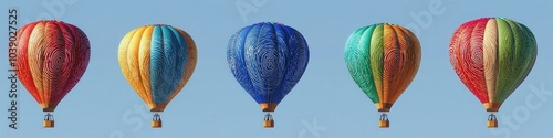 Colorful Hot Air Balloons Against Clear Blue Sky - Vibrant Rainbow Patterned Inflatable Balloons in a Row - Aerial Adventure and Serenity in Flight photo