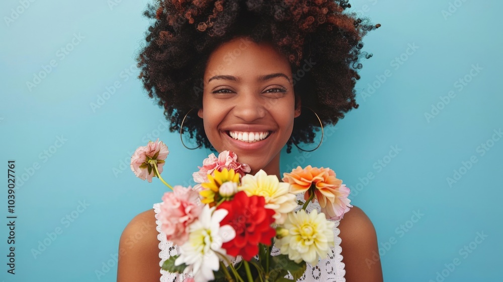 A woman holding a bouquet of flowers, smiling brightly A woman holding a bouquet of flowers, smiling brightly