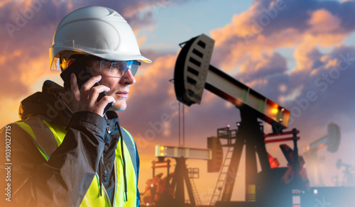 Man oil worker speaks on ph...