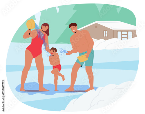 Happy Family Of Three Engages In A Refreshing Ice Bath Ritual In A Picturesque Snow-Covered Setting Surrounded By Nature