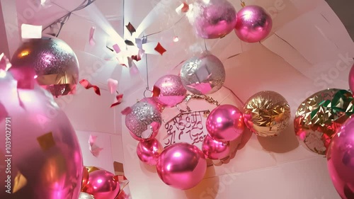 Close-up of a pink and gold balloon arrangement with sparkling details, celebrating a special event or party. video