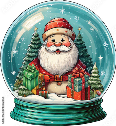 Santa claus and christmas tree globe vector , Christmas glass snow globes. Snowdrifts, snow, Christmas trees, cute santa claus and gifts