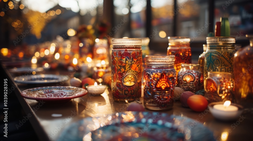 Rustic candlelit dinner setting with colorful artisan glassware Rustic candlelit dinner setting with colorful artisan glassware