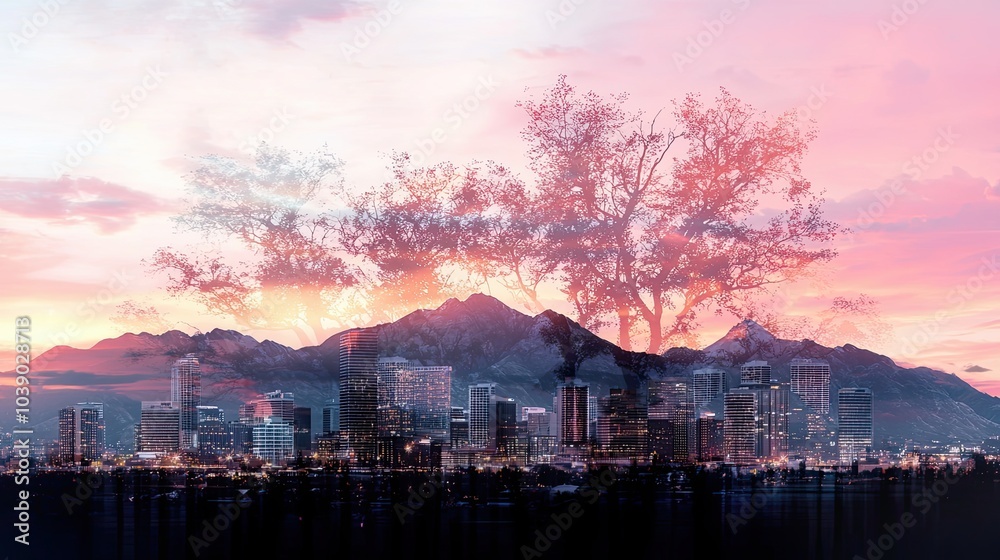 Fototapeta premium A vibrant city skyline merges with a surreal tree silhouette under a colorful sunset, symbolizing nature and urbanization coexisting harmoniously.