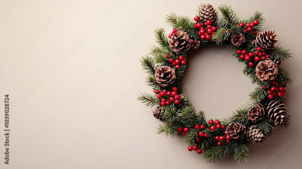 A festive wreath adorned with pinecones and berries, perfect for holiday decoration, set against a neutral background. A festive wreath adorned with pinecones and berries, perfect for holiday decoration, set against a neutral background.