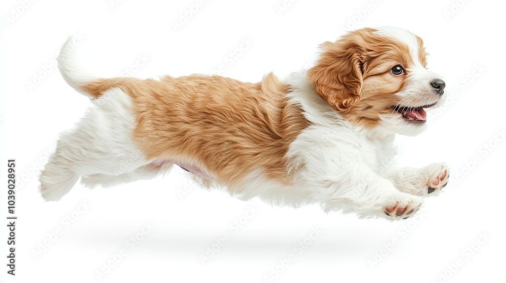 A playful puppy leaps joyously, showcasing its fluffy coat and vibrant energy against a clean, white background. A playful puppy leaps joyously, showcasing its fluffy coat and vibrant energy against a clean, white background.