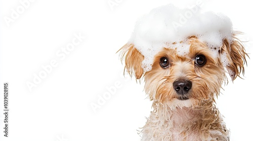 A cute dog with a fluffy coat and soap bubbles on its head, looking playful and ready for a bath.