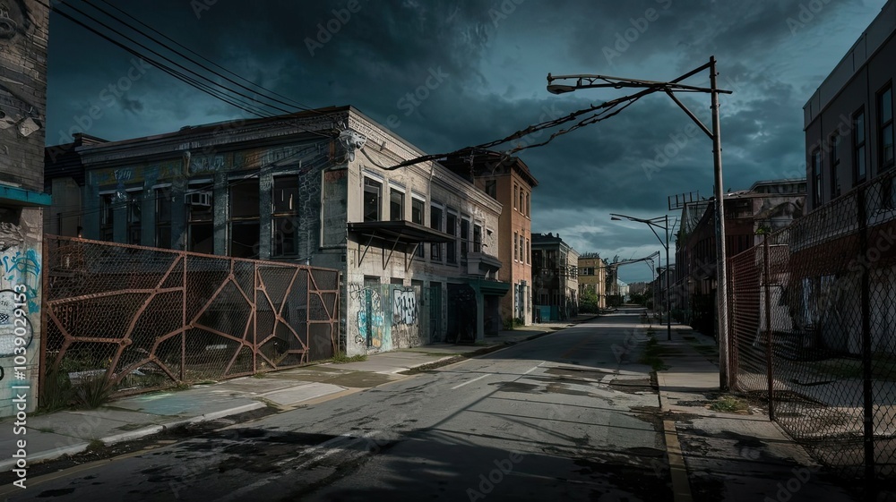 An abandoned urban environment unfolds at dusk showcasing crumbling buildings adorned with graffiti while ominous clouds loom overhead An abandoned urban environment unfolds at dusk showcasing crumbling buildings adorned with graffiti while ominous clouds loom overhead
