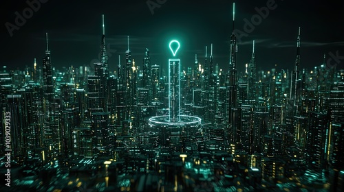 Wallpaper Mural A futuristic cityscape illuminated with green lights and a central location marker, showcasing advanced architecture amid a night skyline. Torontodigital.ca