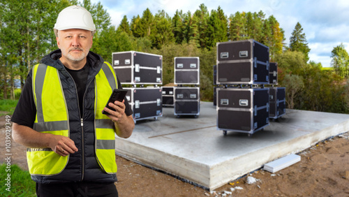 Man builder holding phone. Worker near foundation of building. Construction equipment in transport cases. Builder near containers with engineering equipment. Man engineer in yellow vest photo