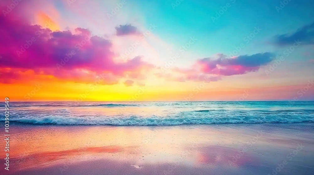 A stunning beach sunset scene featuring vivid waves crashing onto the shore and vibrant cloud formations above A stunning beach sunset scene featuring vivid waves crashing onto the shore and vibrant cloud formations above