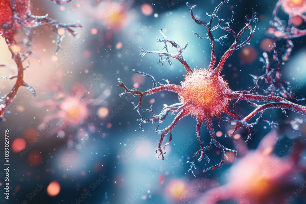 Colorful depiction of neurons communicating in a vibrant neural network at microscopic level