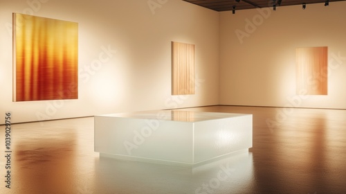 Modern Frosted Glass Podium in Contemporary Art Gallery with Striking Installations and Ambient Lighting
