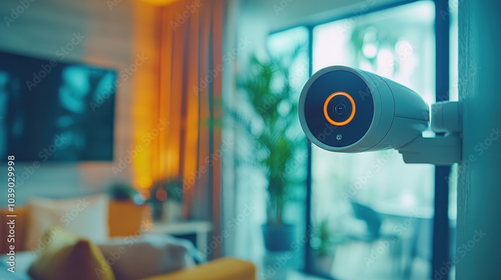 a home security camera in the modern minimal living room. security technology, smart digital lifestyle home automation control online futuristic. camera, iot, guard, sensor, cctv, home