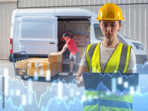 Logistician woman holding laptop. Girl works as transport dispatcher. Woman logistician near loader unloading minivan. Price charts for logistics near warehouse manager. Logistician in yellow uniform photo