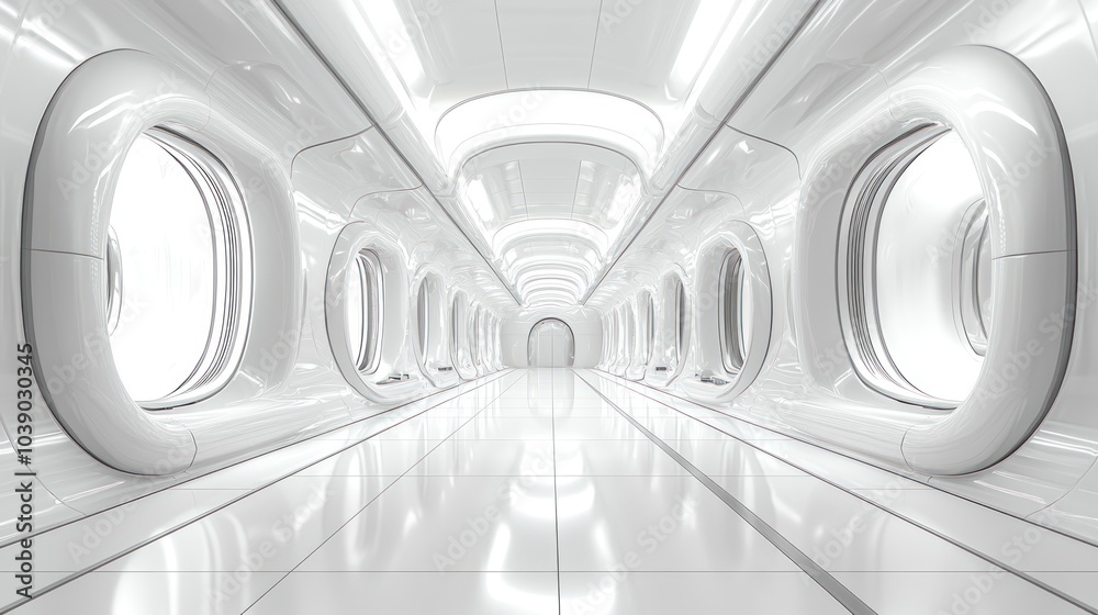 A Futuristic White Corridor with Round Windows and a Bright End A Futuristic White Corridor with Round Windows and a Bright End