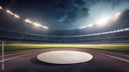 A track and field's discus and throwing circle, stadium setting with spotlights, Dramatic style