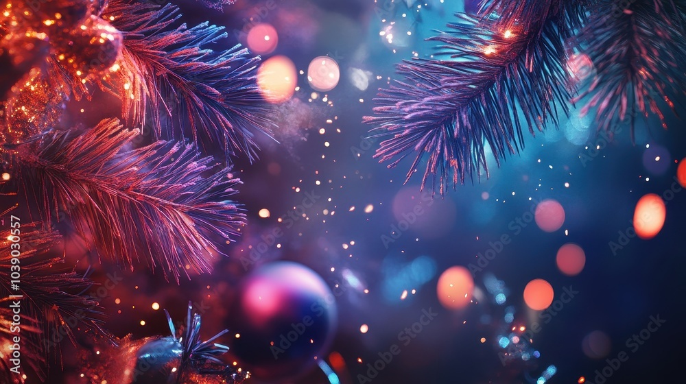 Festive Christmas Tree Lights and Ornaments Against a Starry Night Sky Festive Christmas Tree Lights and Ornaments Against a Starry Night Sky