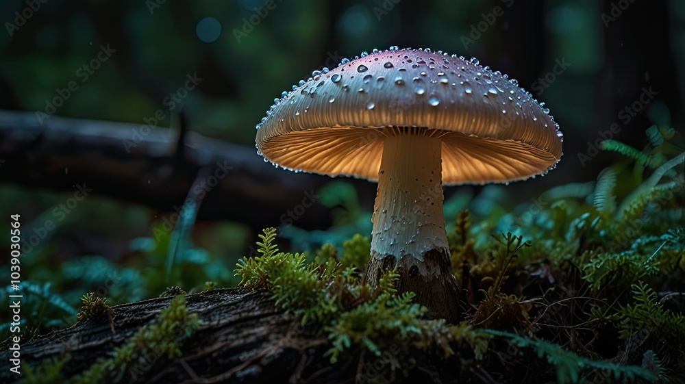 Fototapeta premium A beautifully illuminated mushroom stands off a shaded log adorned with droplets of rain while surrounded by lush green ferns in a serene forest