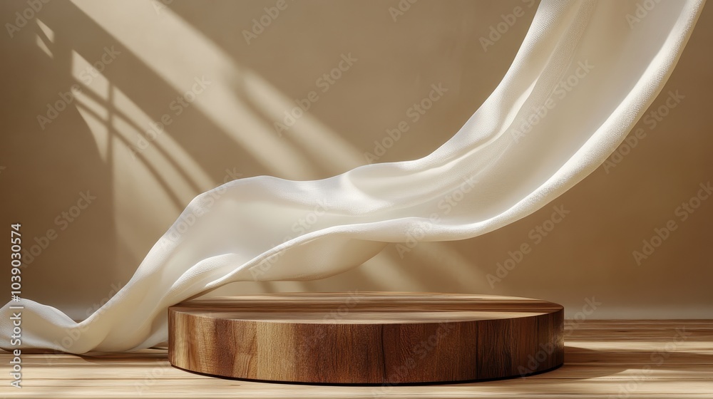 3D display podium, brown background with wood frame pedestal and flying silk cloth curtain. Nature wind. Beauty, cosmetic product presentation stand. Luxury feminine mockup 3d advertisement 3D display podium, brown background with wood frame pedestal and flying silk cloth curtain. Nature wind. Beauty, cosmetic product presentation stand. Luxury feminine mockup 3d advertisement
