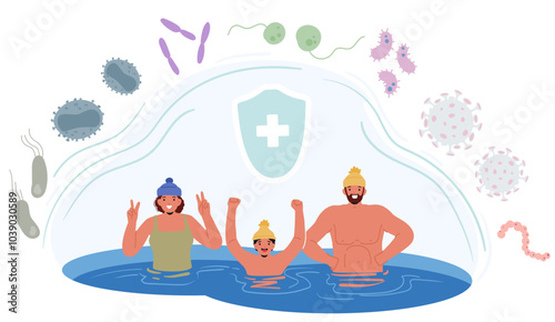 Cartoon Joyful Family Characters Enjoying Cold Water In Winter Clothing Promoting Health And Immunity