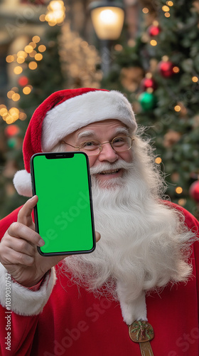 Mobile phone with green screen in Santa Claus' hand photo