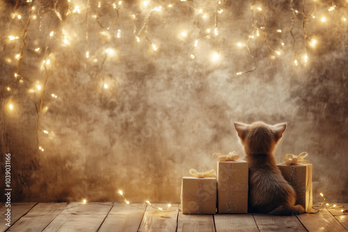 Little Kitten Sitting Near Christmas Gifts. Copy Space photo