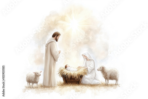 Nativity Scene, Mary, Joseph, Jesus in manger and Sheep Around Watercolor Illustration on White