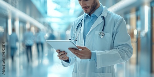 Doctor in White Coat Using a Tablet in a Modern Hospital Setting photo