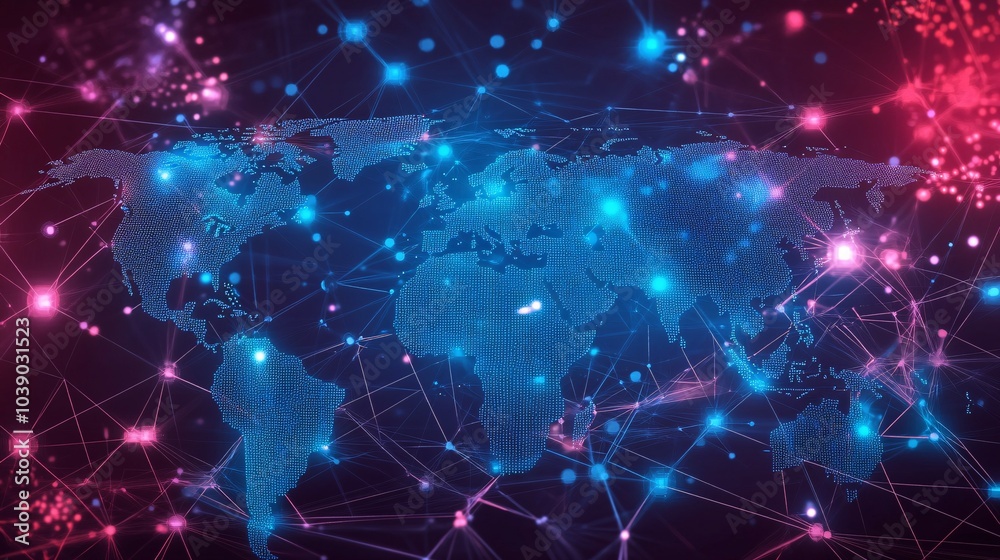 A Digital World Map with Interconnected Lines and Glowing Points A Digital World Map with Interconnected Lines and Glowing Points