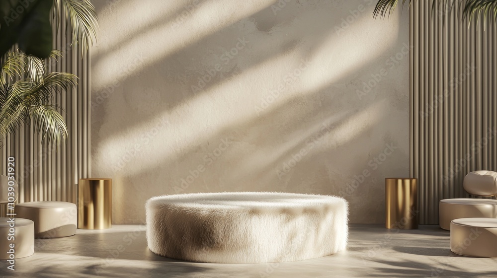 Luxurious Faux Fur Podium Mockup in Chic Setting with Cinematic Lighting | Elegant Seating, Modern Decor, Ultra-Detailed Design Luxurious Faux Fur Podium Mockup in Chic Setting with Cinematic Lighting | Elegant Seating, Modern Decor, Ultra-Detailed Design