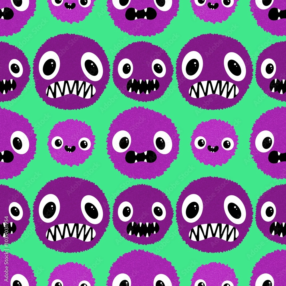 Obraz premium Cartoon circle monsters with teeth seamless Halloween animals pattern
