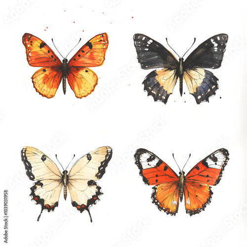 Butterfly illustration set. Beautiful tropical moths isolated on white background. Flying cute insects with colorful wings