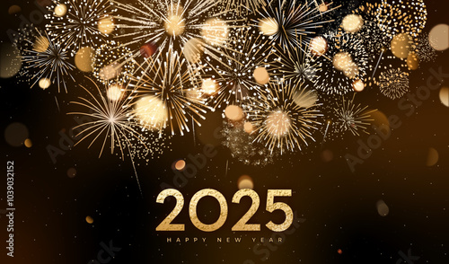2025 fireworks poster, gold New Year background