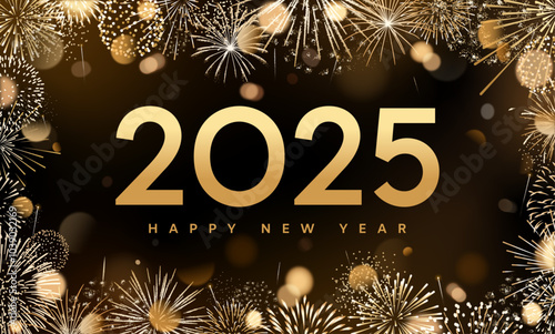2025 fireworks background, gold New Year card