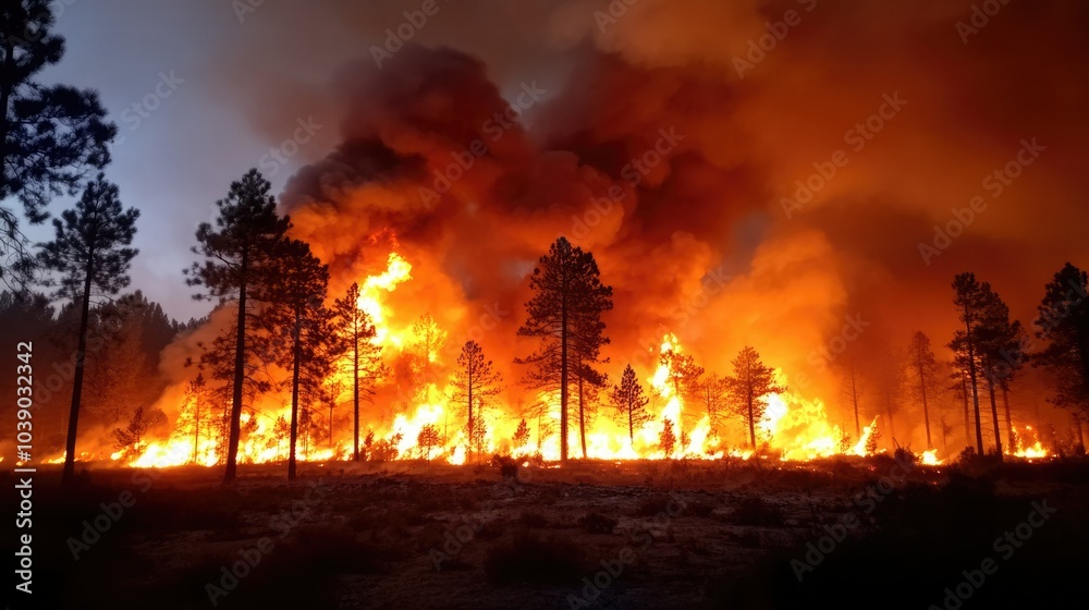 Forest fire blazes through trees at dusk, emitting thick smoke and intense flames in the wilderness Forest fire blazes through trees at dusk, emitting thick smoke and intense flames in the wilderness