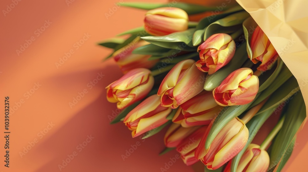 Obraz premium Vibrant tulip bouquet wrapped in paper on orange background for spring floral design and celebration themes