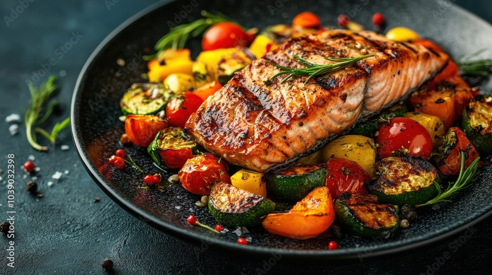 A delicious grilled meal featuring steak and salmon served with a colorful mix of roasted vegetables.This dish represents healthy eating or living. A delicious grilled meal featuring steak and salmon served with a colorful mix of roasted vegetables.This dish represents healthy eating or living.