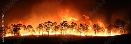 Devastating wildfire consumes trees under a dark sky in the early hours of the morning